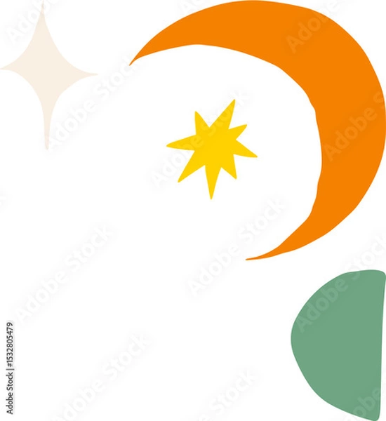Obraz Flat design shapes are floating on transparency with cream, yellow stars, orange moon, green leaf