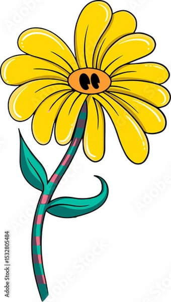 Obraz Cartoon flower showing petals, eyes on orange center, striped stem, leaves, transparent background