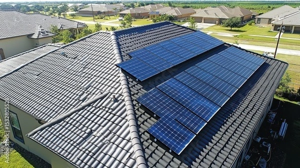 Obraz Solar panel optimization overhead shot modern residential roof systematic solar installation positioning optimal renewable energy system