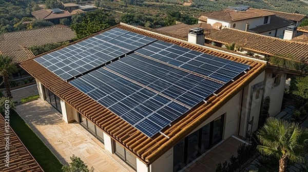 Obraz Solar panel optimization aerial view modern residential house roof systematic installation layout energy efficient photovoltaic system