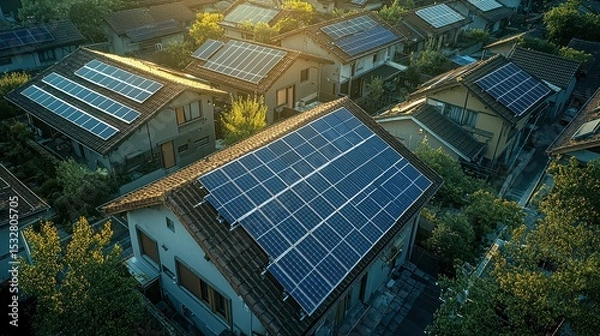 Obraz Solar panel performance house rooftop photovoltaic installation residential area modern home renewable energy technology efficiency