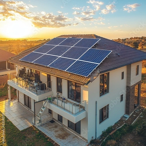 Obraz Solar panel assessment wide-angle view two-story house complete rooftop installation sunset lighting residential solar power system