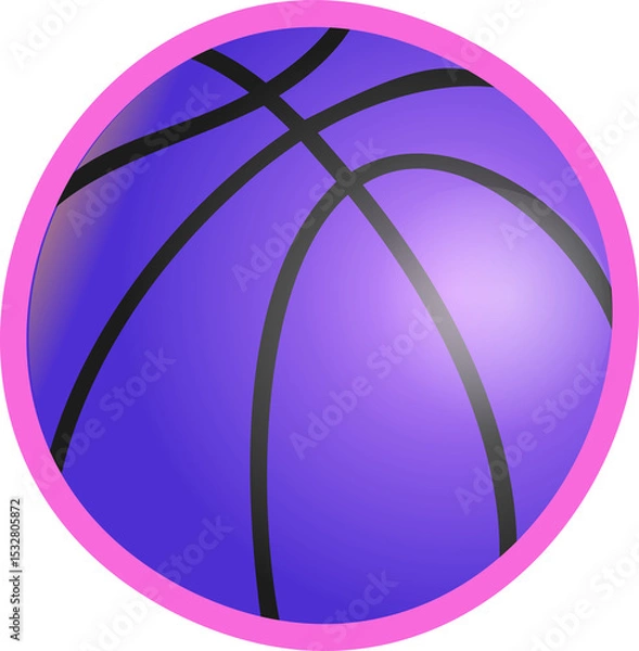 Fototapeta 3D-rendered purple basketball with black seams is floating inside pink ring on transparent backdrop