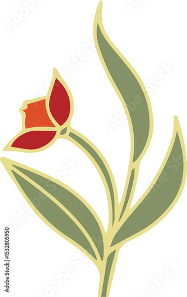 Fototapeta Stylized illustration showing flower stem with tulip-like bud and leaves, transparent background