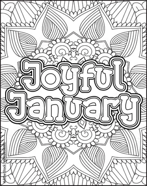 Obraz 12 Month Name Coloring Page for Adults. Monthly Name Motivational Quote Coloring page.
