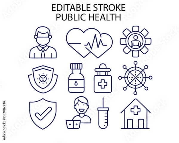 Obraz Public Health Line Icon Set – Healthcare and Disease Prevention Vector Collection

