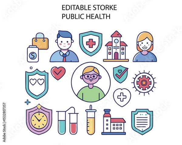 Obraz Public Health Line Icon Set – Healthcare and Disease Prevention Vector Collection

