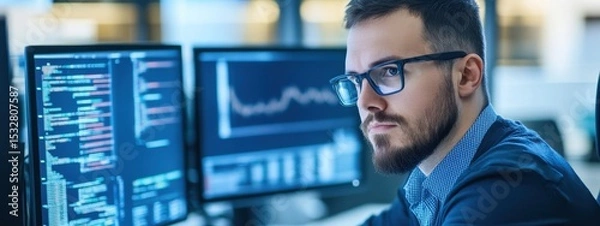Fototapeta Focused Male IT Worker at Ergonomic Desk Setup