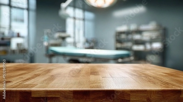 Fototapeta Sterile Surgical Suite with Varnished Oak Countertop and Blurred Background