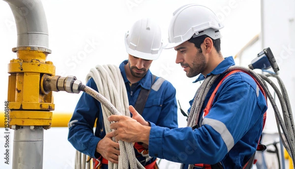 Fototapeta import oil oil shipment supply chain. Two workers in safety gear inspect machinery, focusing on a hose connection, emphasizing teamwork and industrial safety.