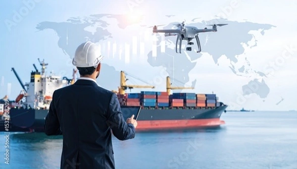 Fototapeta import oil oil shipment supply chain. A businessman oversees shipping operations with a drone and a digital world map, symbolizing modern logistics and technology in transport.