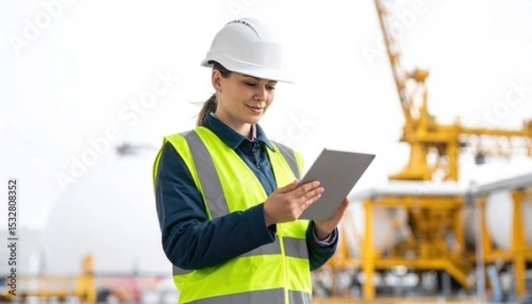 Fototapeta import oil oil shipment supply chain. Construction worker using a tablet on site, wearing a safety helmet and vest, with cranes in the background.
