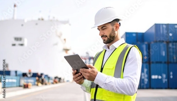 Fototapeta import oil oil shipment supply chain. A construction worker in a hard hat and safety vest uses a tablet on a shipping dock surrounded by containers.