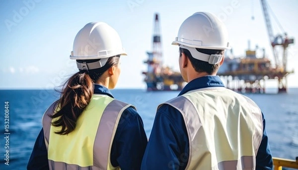 Fototapeta import oil oil shipment supply chain. Two workers in safety gear observe an offshore oil rig against a clear sky, highlighting teamwork and the energy industry.