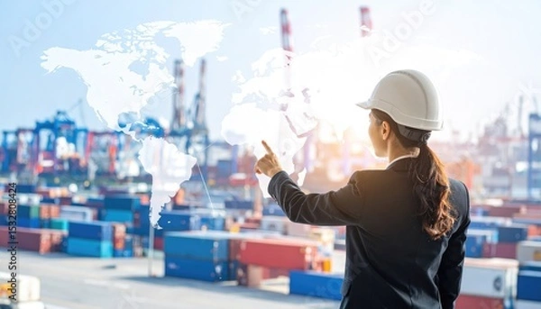 Fototapeta import oil oil shipment supply chain. A woman in a hard hat oversees shipping containers, pointing at a world map, representing global logistics and trade.