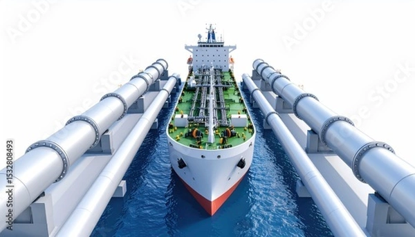Fototapeta import oil oil shipment supply chain. A large ship is positioned between two industrial pipes, floating on water, showcasing a maritime transport scene.