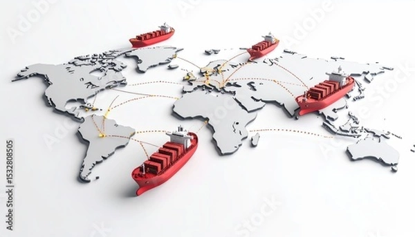 Fototapeta import oil oil shipment supply chain. Shipping routes illustrated on a world map with red cargo ships, symbolizing global trade and logistics.