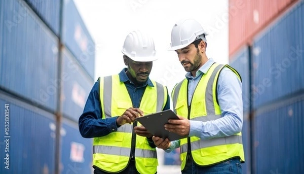 Fototapeta import oil oil shipment supply chain. Two construction workers in safety gear review plans on a tablet amidst shipping containers, showcasing teamwork and planning in a logistics environment.