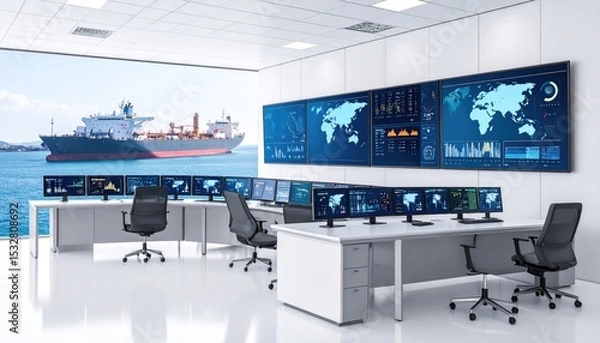 Fototapeta import oil oil shipment supply chain. Modern control room featuring multiple monitors displaying maritime data, with a ship visible through large windows.