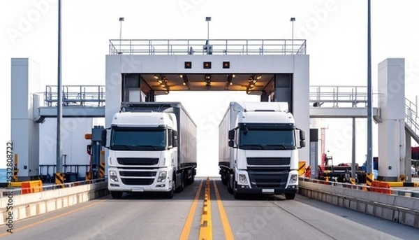 Fototapeta import oil oil shipment supply chain. Two large trucks pass through a modern toll or checkpoint structure, showcasing a clear, open road and industrial architecture.