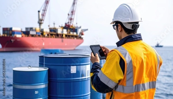 Fototapeta import oil oil shipment supply chain. A worker in a safety helmet and vest checks a smartphone near blue barrels, with a cargo ship in the background on a sunny day.