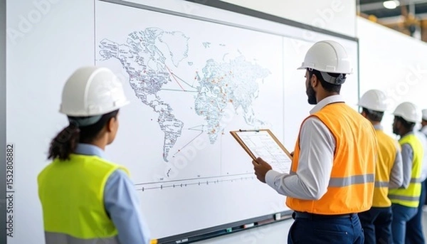 Fototapeta import oil oil shipment supply chain. Construction workers reviewing a world map on a wall, wearing safety helmets and vests in a work environment.