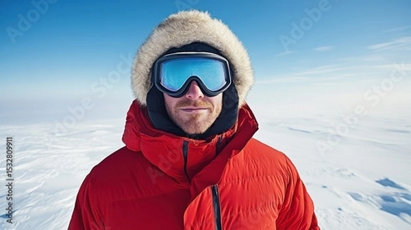Fototapeta Man in Insulated Clothing with Snow Goggles in Winter