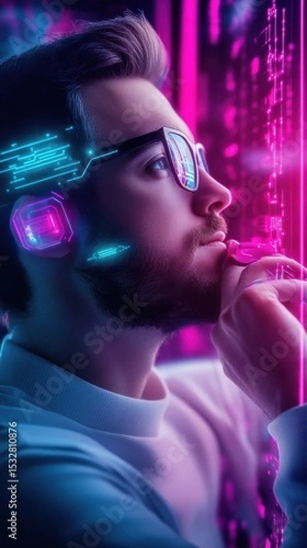 Fototapeta Man in Futuristic Neon Lit Bar Adjusting Headset