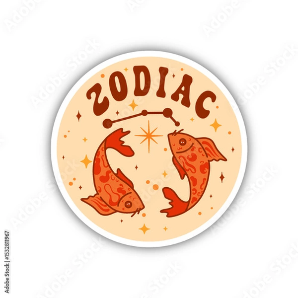 Obraz Pisces emblem is showing two fish, zodiac lettering in flat style with clear background