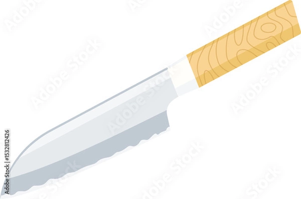 Fototapeta flat design Santoku knife is tilting with wood handle, scalloped blade on transparent background