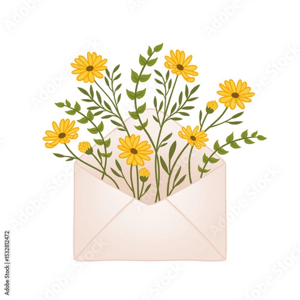 Fototapeta Flat design is showing open envelope with yellow daisy flowers and stems on transparent backdrop