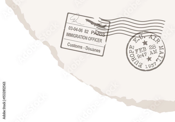 Obraz Showing flat torn paper corner with EU Air Mail and Paris customs stamps, transparent background