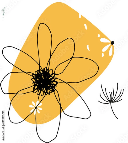 Obraz Mustard-yellow blob is framing scribble flower, white daisies and seed-head on transparent canvas