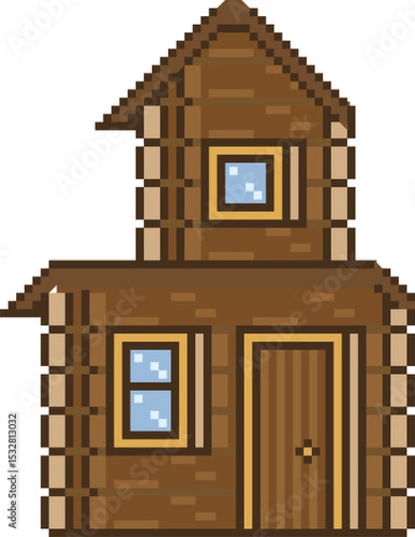 Obraz Pixel art cabin is showing log walls, gabled roof, door, shuttered windows, transparent background