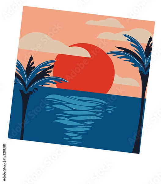 Obraz flat sunset seascape is showing tilted Polaroid frame with red sun palms clouds clear background