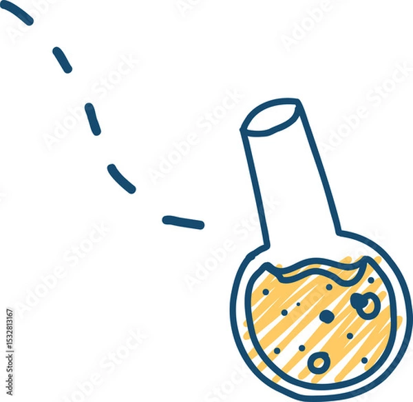Obraz Line-art flask is showing bubbling yellow liquid and dashed lines on transparent background