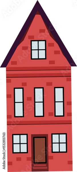Fototapeta Cartoon red-brick house is standing on transparent background, showing brown door and white windows