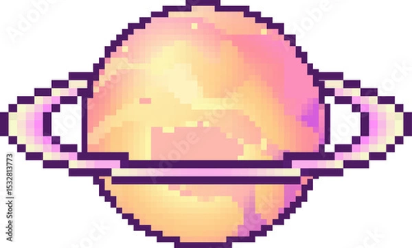 Fototapeta Pixel art planet is floating on transparent background, showing pastel peach pink with purple ring