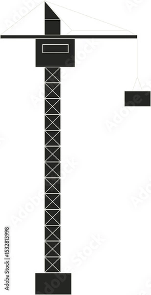 Obraz Tower crane is lifting load, showing flat design jib and hook on transparent bg, copy space