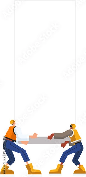 Obraz Two site workers are holding suspended beam in flat design with safety gear, transparent background