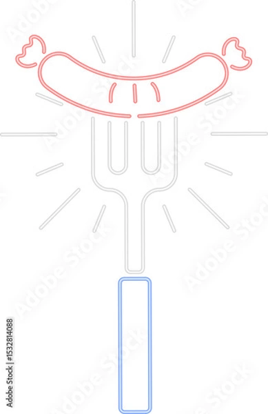 Fototapeta Neon-style design is showing sausage on 3-prong fork with radiating lines, transparent background