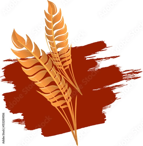 Fototapeta Flat vector golden wheat stalks are fanning out over red brushstroke on transparent background
