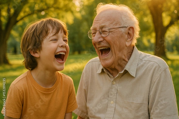 Obraz Happy day in July shows important moment of joy between child and elderly man laughing together outdoors in warm sunlight