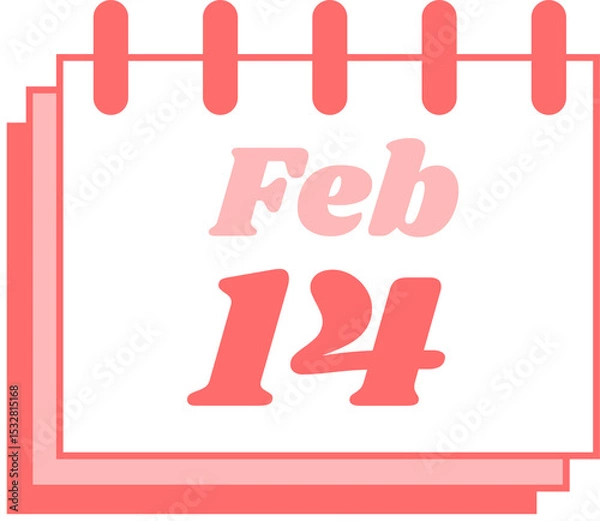 Fototapeta Flat calendar page is showing Feb 14, coral binding rings, pink sheets on transparent background