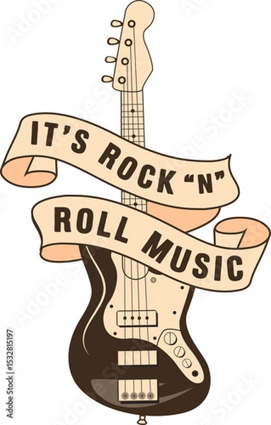 Fototapeta Featuring flat electric guitar with banner reading IT'S ROCK ‘N' ROLL MUSIC, transparent background