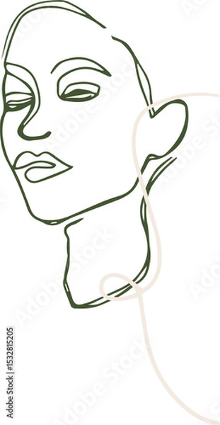 Obraz Featuring continuous-line face outline in olive with looping white curve on transparent background