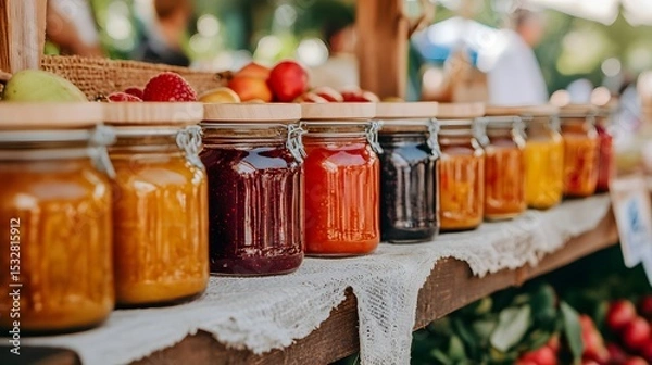 Obraz Delicious homemade fruit jams and preserves in glass jars at a farmers market display for sale today