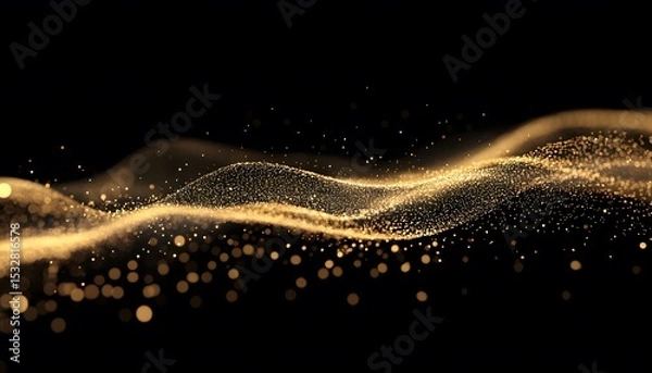 Fototapeta Gold particles flowing in a wavy pattern against a black background.