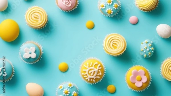 Fototapeta Easter Themed Cupcakes and Eggs Flat Lay View