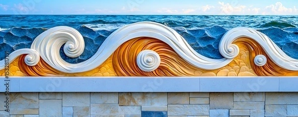 Obraz Stone Carving of Seigaiha Wave Pattern on Coastal Wall, Japanese Inspired Architecture, Carved Japanese Wave Pattern in Natural Stone, Textured Stone Wall with Japanese Wave Symbol